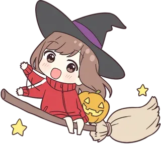👋 e5fcc30d 할로윈, 마녀, 호박, 빗자루, 별, 귀여운, 치비 telegram sticker