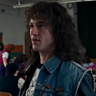 😐 593cf0a2 Eddie Munson Stranger Things Eddie Munson, Stranger Things, 80s, tv show, denim jacket, long hair telegram sticker