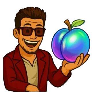 😋 2ff2e4cc homem, pêssego, fruta, desenho animado, sorrindo, óculos de sol, casual telegram sticker