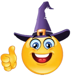 👍 589015e1 Emoji, Penyihir, Topi, Jempol ke atas, Smiley, Halloween telegram sticker