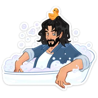 ☺️ b39c8af4 uomo, vasca da bagno, bolle, paperella di gomma, cartone animato, bagno, rilassato, acqua telegram sticker