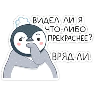 🤔 24ede499 ВИДЕЛ ЛИ Я ЧТО-ЛИБО ПРЕКРАСНЕЕ? ВРЯДЛИ. penguin, sticker, cute, animal, russian, text whatsapp sticker
