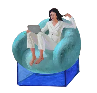 😌 de5c25cd Frau, Stuhl, Laptop, Entspannung, Lesen telegram sticker