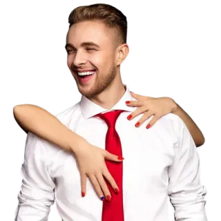 😳 c444f579 мужчина, галстук, рубашка, красный, руки, улыбка, счастливый whatsapp sticker