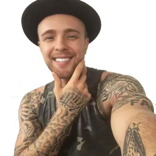 😃 d2e9dfe5 ผู้ชาย, หมวก, เซลฟี่, รอยสัก, ยิ้ม, คน telegram sticker