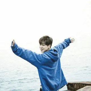 🕸 b957f7d1 orang, hoodie biru, luar ruangan, tersenyum, laut telegram sticker