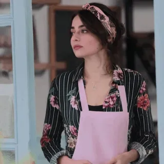 🧊 4ccde37a femme, tablier, chemise fleurie, bandeau, intérieur, portrait telegram sticker
