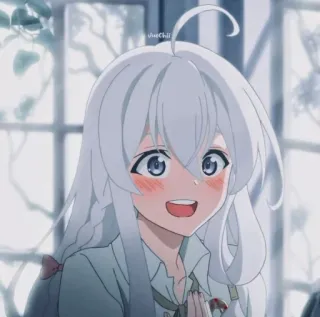 💜 79dc2591 Anime, fille, cheveux blancs, mignon, joyeux, souriant, dessin animé telegram sticker