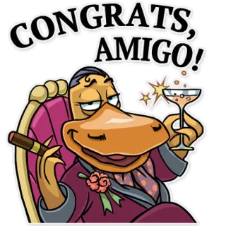 😝 121ea96f CONGRATS, AMIGO! selamat, amigo, bebek, cerutu, sampanye, kartun, perayaan whatsapp sticker