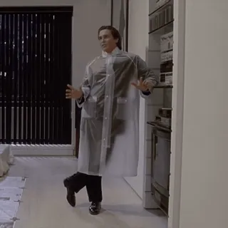 🕺 403243e0 Patrick Bateman American Psycho Patrick Bateman, American Psycho, durchsichtiger Regenmantel, tanzen, Film, 80er, Yuppie telegram sticker