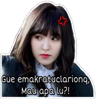 😏 d1cb9da3 Gue emakratuclarionq,
Mau apa lu?! 女人, 人, 印尼语, 文本, 脸 telegram sticker