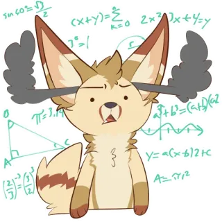 🎓 7183bbcf sin 60°=√3/2
(x+y)=∑ 2x²+y=y
π=3.14
y= a(x + b)2+c
A=πr² 卡通, 耳廓狐, 数学, 困惑, 疲惫 telegram sticker
