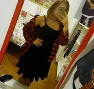 💋 a473d6c2 kobieta, czarna sukienka, czerwona koszula w kratę, selfie w lustrze, sypialnia, wewnątrz, moda telegram sticker