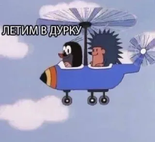 🤪 5d5f9467 ЛЕТИМ В ДУРКУ cartoon, helicopter, mole, hedgehog, flying, russian meme telegram sticker