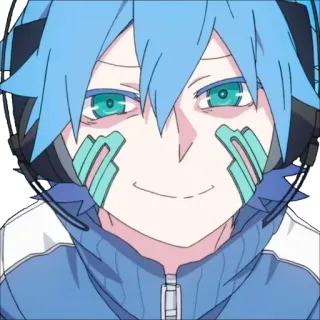 😊 6807f7b6 anime style, cartoon, blue hair, headphones, smiling face telegram sticker