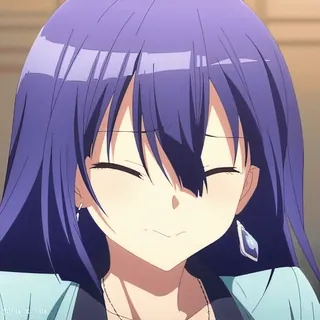 😳 23b54ee8 аниме девушка, улыбается, фиолетовые волосы, аниме стиль, мультфильм, анимация whatsapp sticker