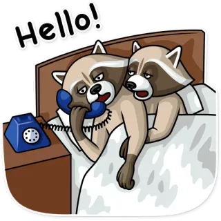 ☎ 8d82939a Hello! guaxinim, cama, sonolento, telefone, fofo, animais whatsapp sticker