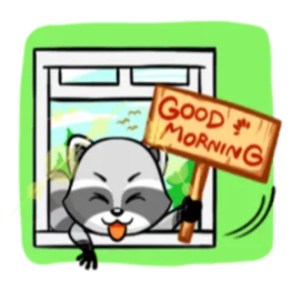 ☀️ efa96c4a GOOD MORNING 너구리, 좋은 아침, 인사, 창문, 자연, 귀여운, 동물, 표지판 telegram sticker