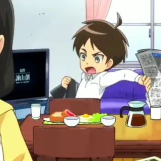 🕶 20d1a865 Eren Yeager Attack on Titan anime, character, eren yeager, attack on titan, breakfast, newspaper telegram sticker
