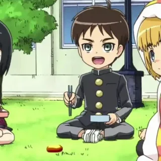 🕶 8bc27e05 Eren Yeager Attack on Titan anime, attack on titan, eren yeager, chibi, cute, eating, lunch telegram sticker