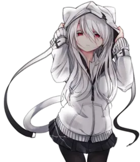😕 bc89ecae Anime, Telinga kucing, Gadis, Rambut putih, Mata merah, Hoodie, Lucu, Kartun telegram sticker