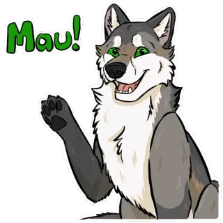 👋 3ad7bca5 Mau! wilk, zwierzę, futrzak, kreskówka, powitanie, machanie, uroczy, przyjazny telegram sticker