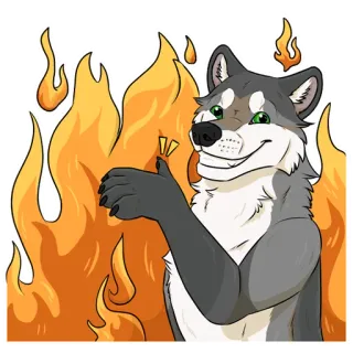 🔥 8bf76008 wilk, ogień, kciuk w górę, zwierzę, kreskówka telegram sticker