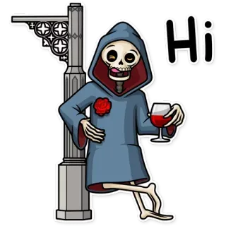 👤 163aefe8 Hi skeleton, cartoon, greeting, wine, humor, cute, death telegram sticker