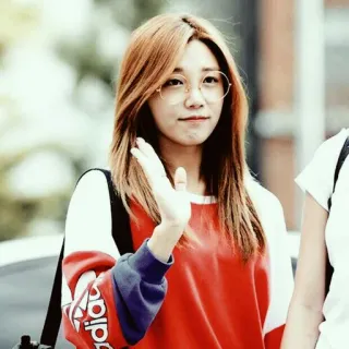 🐚 b12499fb woman, eyeglasses, waving, portrait, red, sweater, casual wear, asian whatsapp sticker