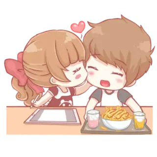 😘 f9598120 卡通, 亲吻, 爱, 情侣, 绘画, 薯条 telegram sticker