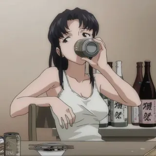 😒 267c1a98 Misato Katsuragi Neon Genesis Evangelion Anime, Trinken, Alkohol, Charakter, Frau telegram sticker