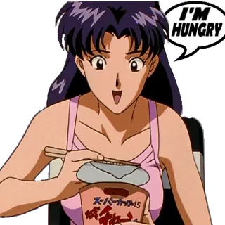 🍏 3523f001 Misato Katsuragi Neon Genesis Evangelion I'M HUNGRY Anime, Comiendo, Hambriento, Misato, Evangelion, Fideos telegram sticker