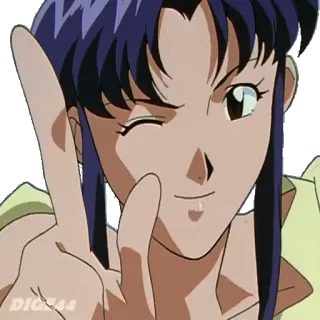 😉 3f878680 Misato Katsuragi Neon Genesis Evangelion anime, mujer, signo de paz, guiño, pelo morado, animación telegram sticker
