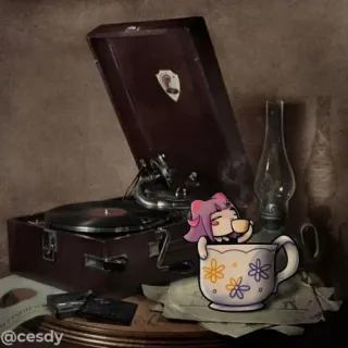 ☕️ 0a8ca0f6 @cesdy Martwa natura, Gramofon, Filiżanka, Postać z kreskówki, Vintage, Sztuka telegram sticker