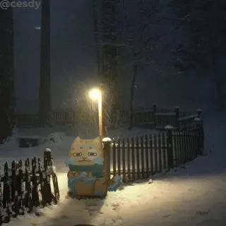 🥶 5b7b3655 kot, śnieg, zima, ulica, latarnia, noc telegram sticker