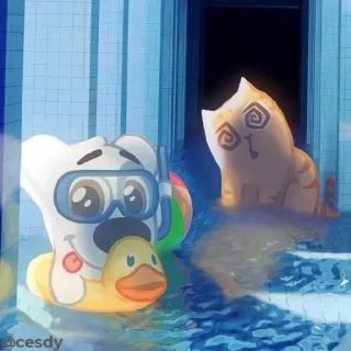 💦 5d2c0a0c @cesdy kreskówka, pies, kot, pływanie, basen, kaczka, zwierzę, naklejka telegram sticker