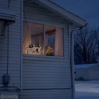 ❄ fa529cc5 @cesdy kot, kreskówka, dom, okno, boże narodzenie, święto, niespodzianka telegram sticker