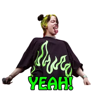 🤩 7674c4e3 Billie Eilish YEAH! piosenkarz pop, język na wierzchu, zielone włosy, płomienie, czarna koszulka, yeah, podekscytowany telegram sticker