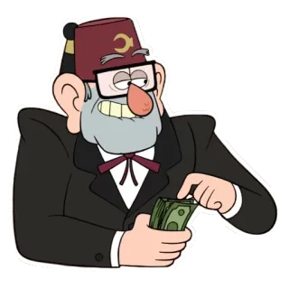 🤑 f99bb65f Stan Pines Gravity Falls kreskówka, pieniądze, garnitur, fez, animowany telegram sticker
