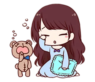 😀 6c659aed sonolenta, menina, ursinho de pelúcia, desenho animado, cansada, camisola, travesseiro telegram sticker
