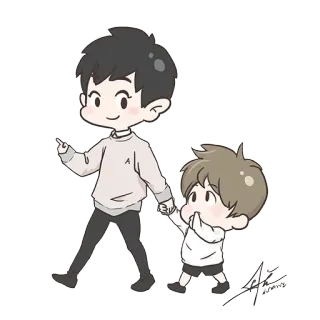 😍 c273fe94 Cartone animato, Carino, Personaggio, Persone, Camminando, Tenendosi per mano telegram sticker