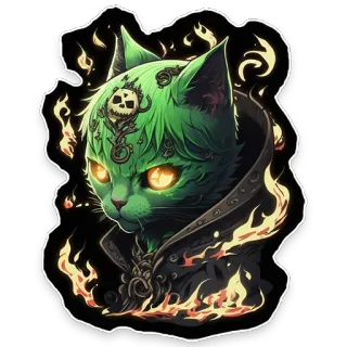 🐱 c97ab6e3 kat, magie, fantasie, dier, schedel, groen, vuur telegram sticker