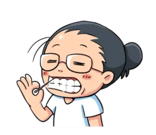 😬 95709041 cartoon, woman, toothpick, cleaning teeth, glasses, portrait whatsapp sticker