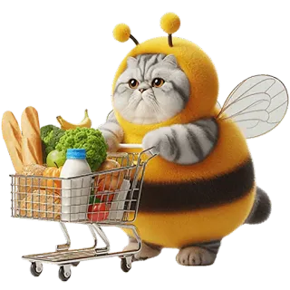 🥖 c011e9c6 gatto, costume da ape, carrello della spesa, cibo, carino, animale, animale domestico telegram sticker