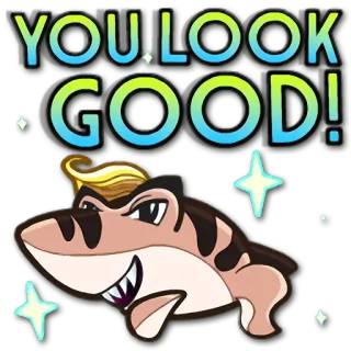 😉 69fd08a9 YOU LOOK GOOD! Elogio, Tubarão, Desenho animado, Positivo, Amigável, Animal telegram sticker