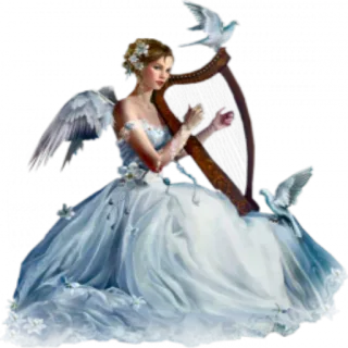 🎼 fd0646e8 นางฟ้า, พิณ, นกพิราบ, ชุดเดรส, ปีก, ดนตรี telegram sticker