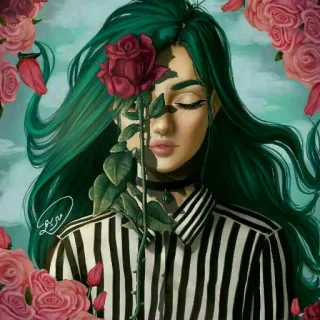 🌸 5d1dde71 女性, バラ, ポートレート, デジタルアート, 緑髪, バラ, 女の子 telegram sticker
