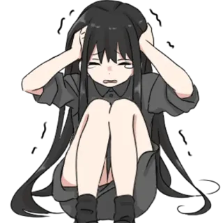 🦄 e92e2c7d gadis anime, sedih, stres, khawatir, kartun, rambut hitam, ilustrasi, emosional whatsapp sticker