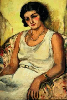 🌷 1d7f632b painting, woman, portrait, art, sitting, dress telegram sticker