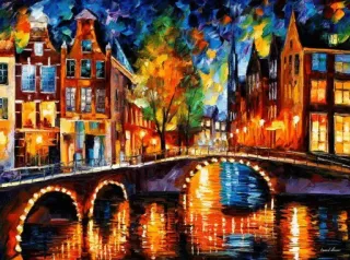 🌷 35c44d7c painting, cityscape, architecture, buildings, bridge, art, night, urban telegram sticker